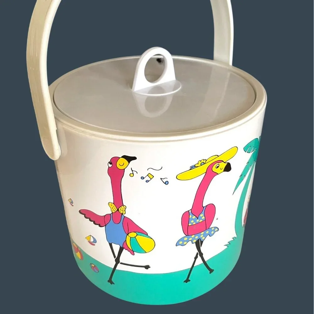 Retro Pink Flamingo Ice Bucket Barware Drink 10 Pc Set Tumbler Glasses Vintage